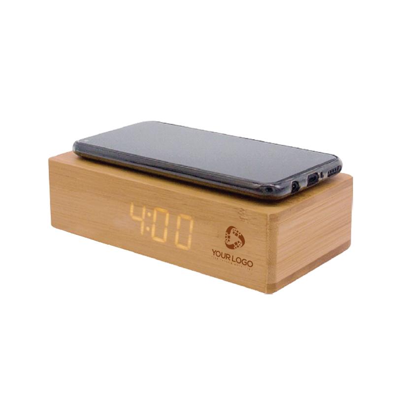 Bamboo Wireless Charger With  Clock, Alarm & Thermometer  Function